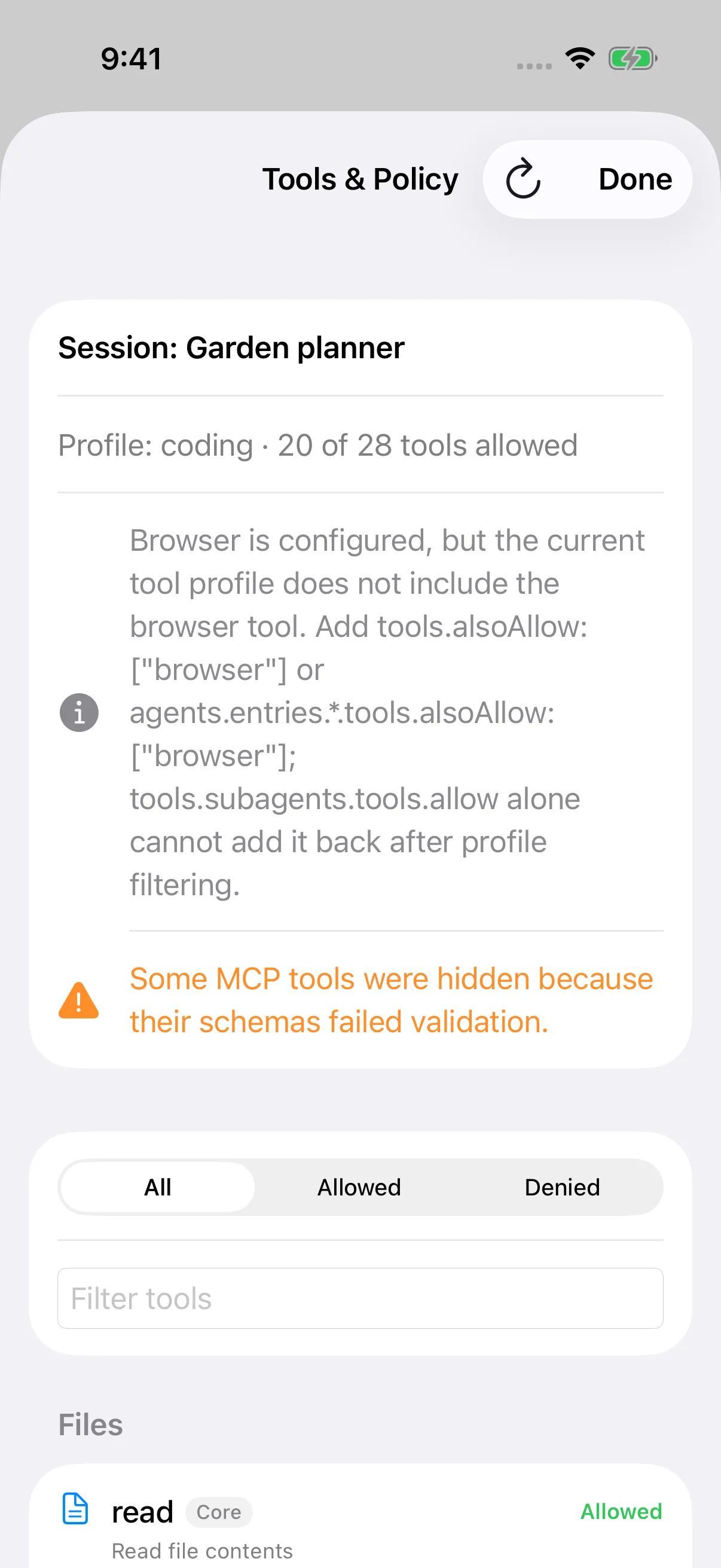 Tools and Policy for Garden planner on iPhone, showing the coding profile and policy warnings.