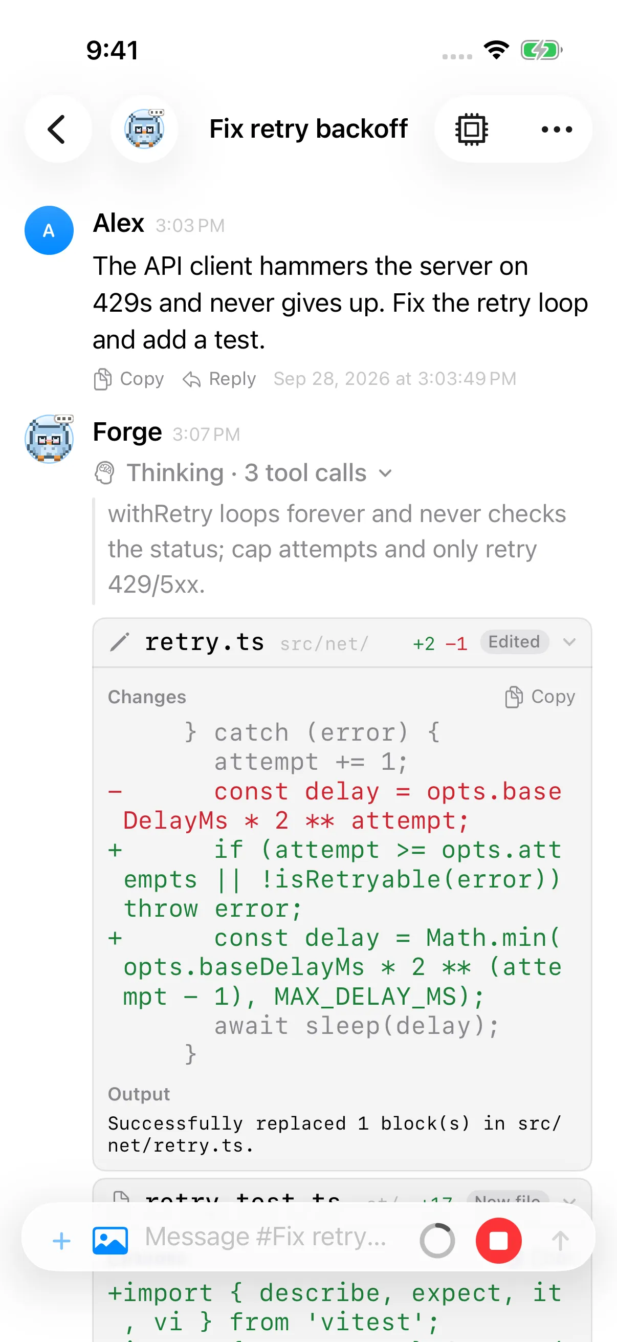 Expanded retry.ts tool card with green additions and a red removed line. iPhone view.
