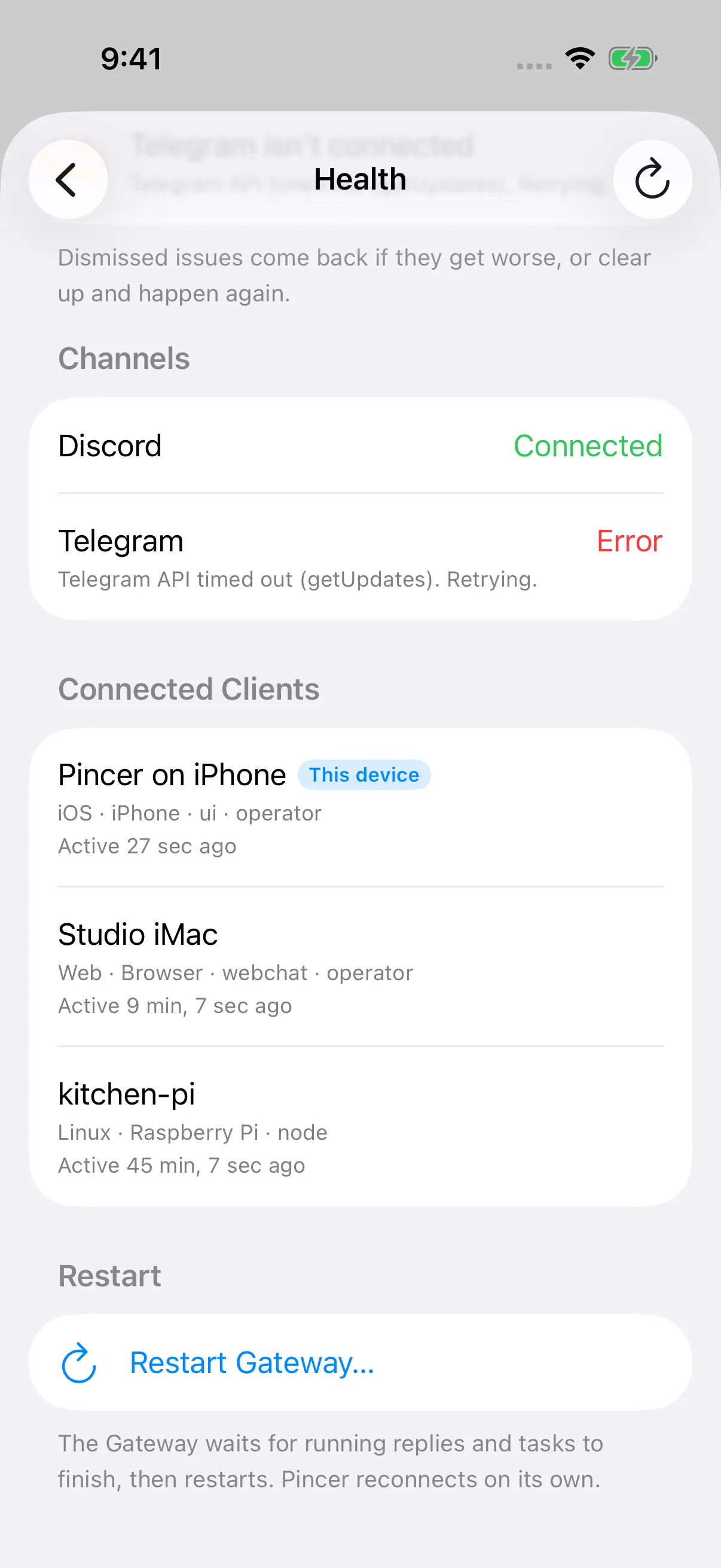 iPhone Gateway Health scrolled to channel status, connected clients, and Restart Gateway.