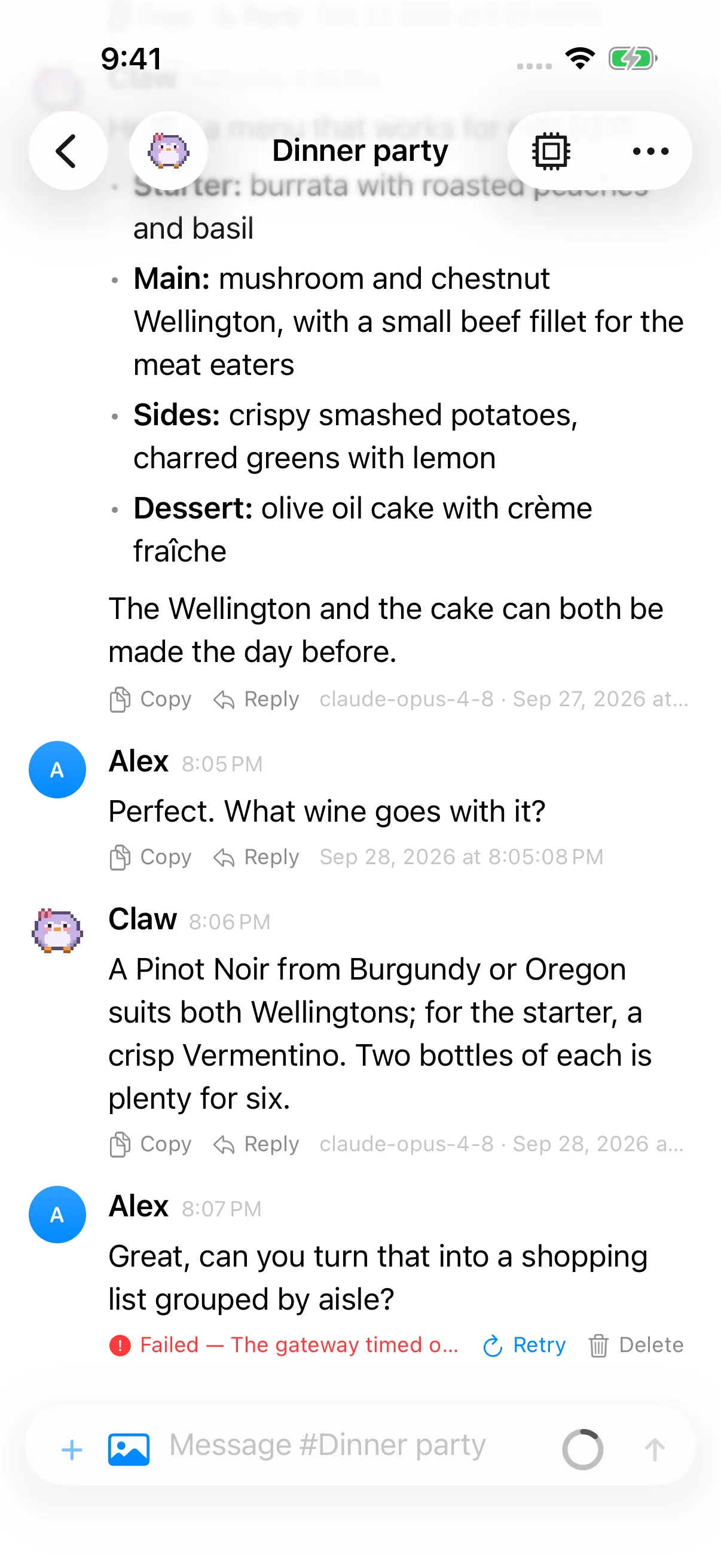 Dinner party chat with a failed message and Retry and Delete controls. iPhone view.