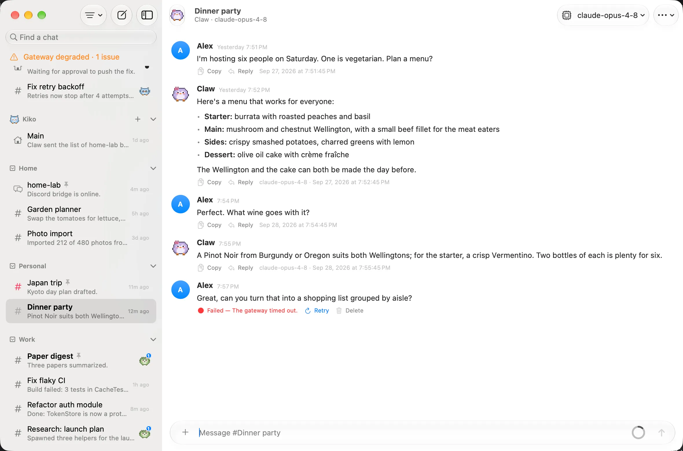 Dinner party chat with a failed message and Retry and Delete controls.
