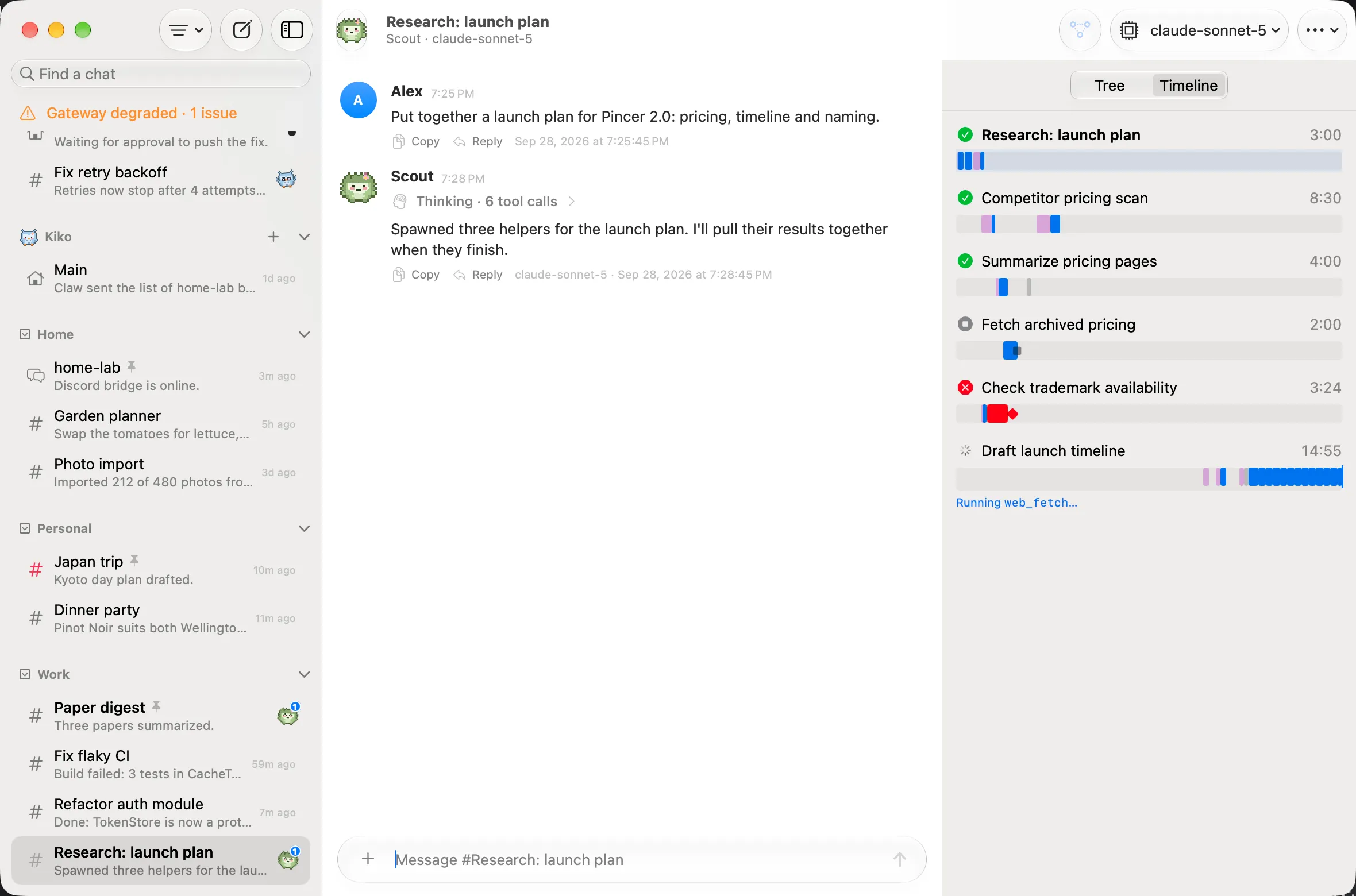 Run timeline with thinking segments, tool calls and a red error marker.