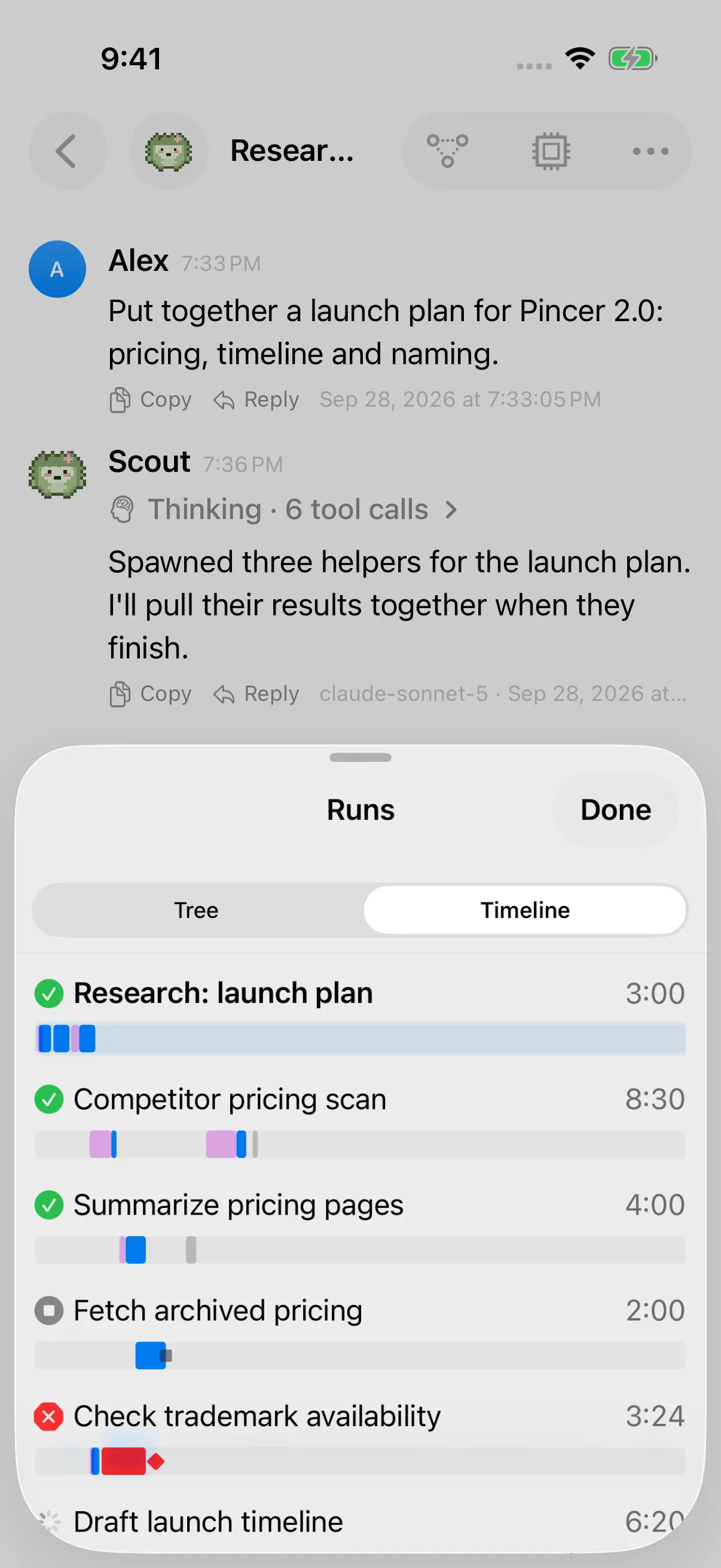 Run timeline with thinking segments, tool calls and a red error marker. iPhone view.