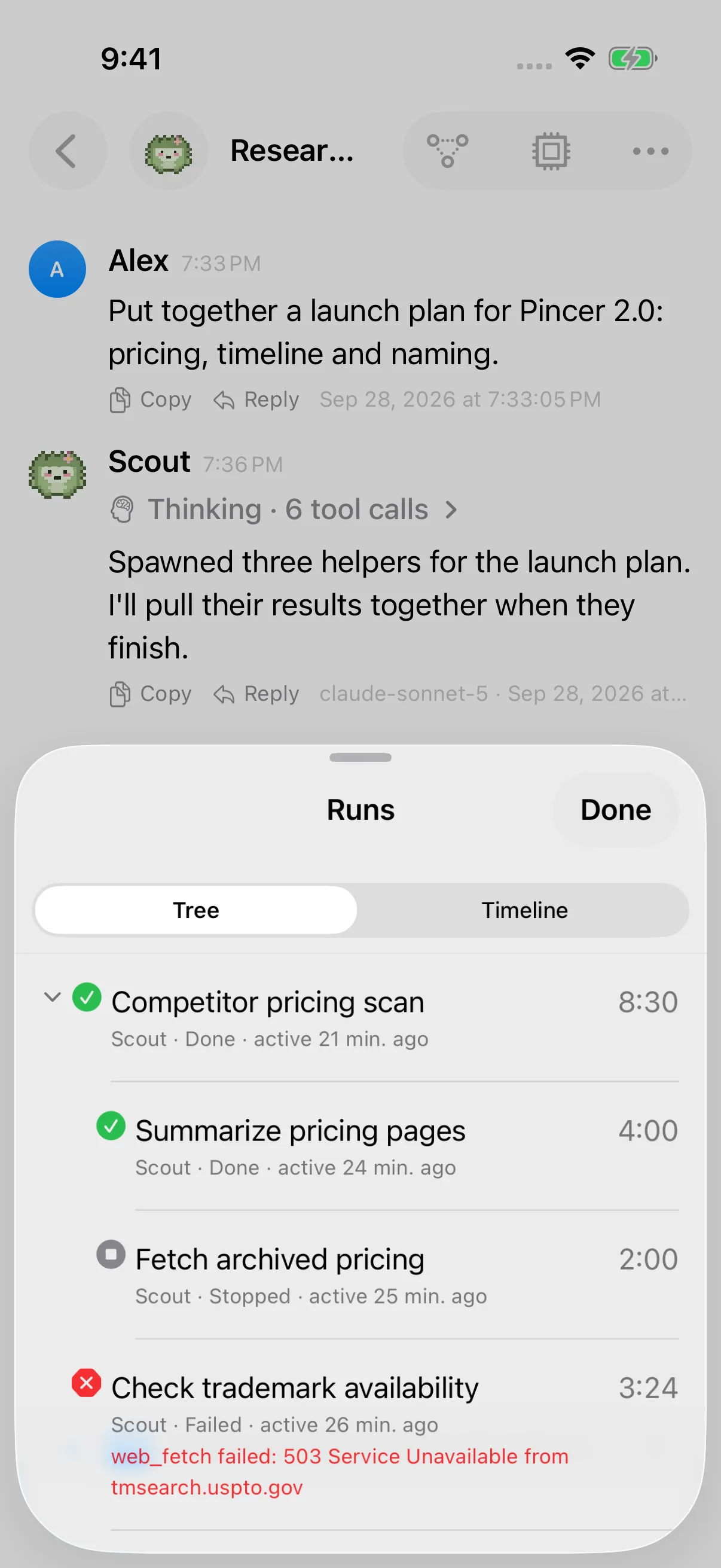 Runs tree with nested helpers and done, stopped, failed and running statuses. iPhone view.