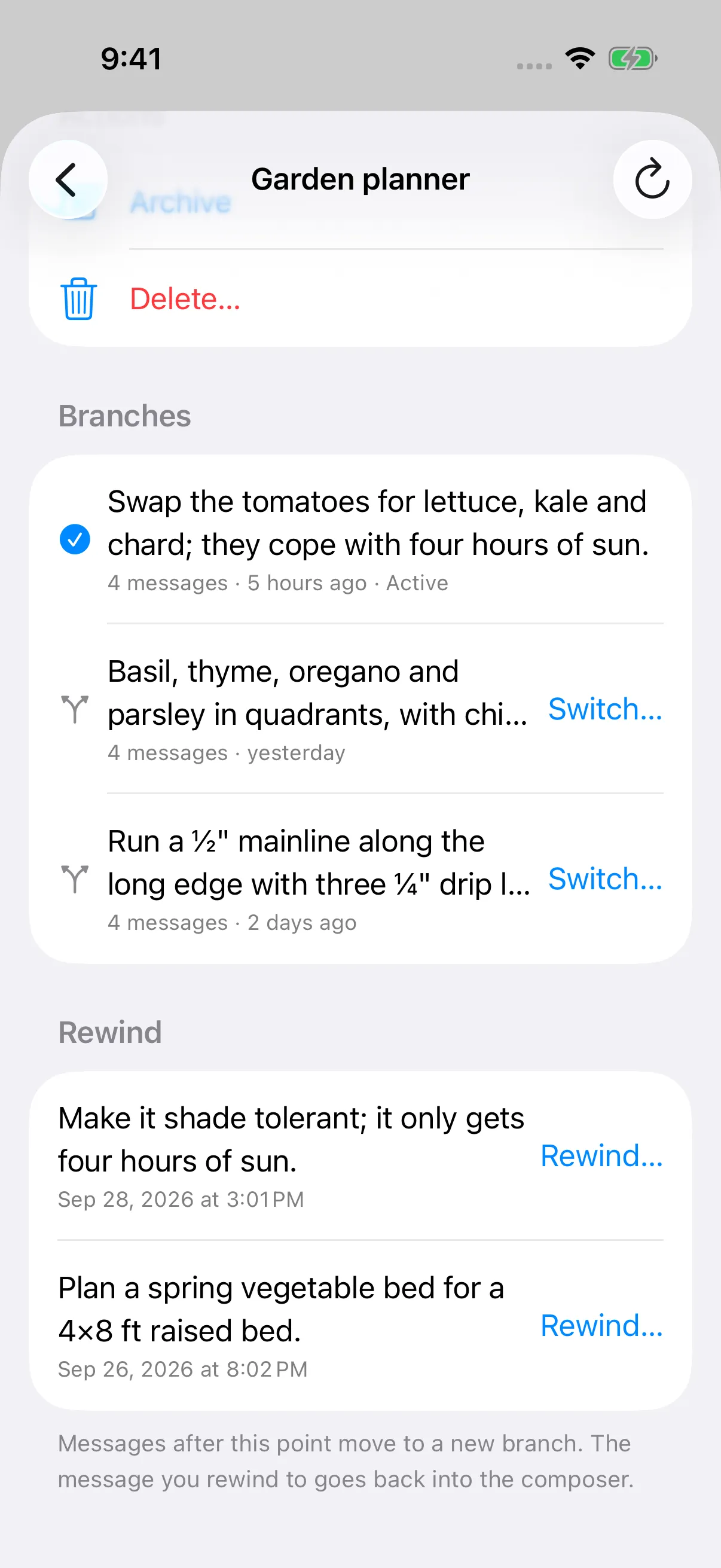 Garden planner session with three branches and messages available to rewind. iPhone view.
