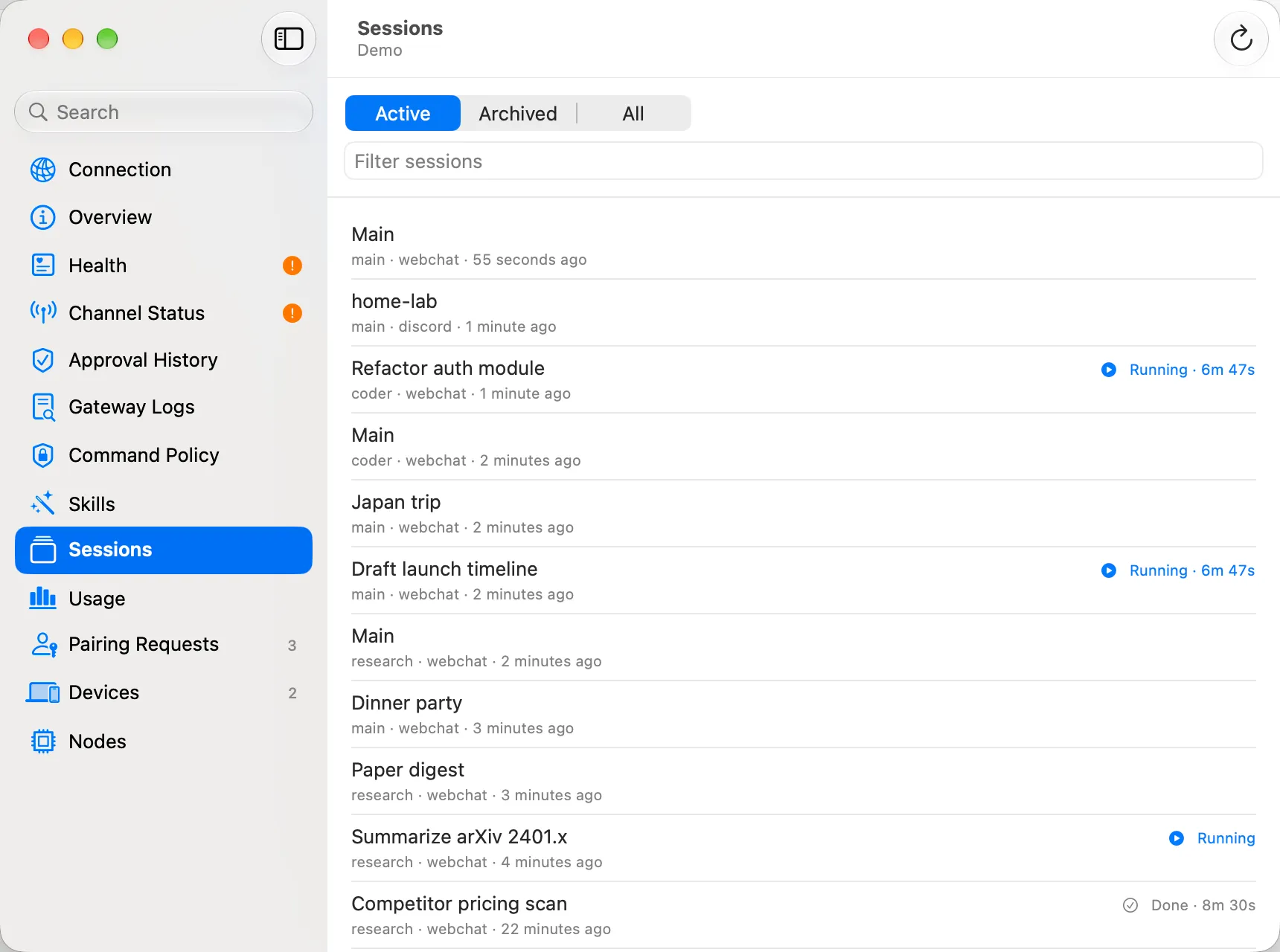 Session manager listing demo chats with agent names and run statuses.