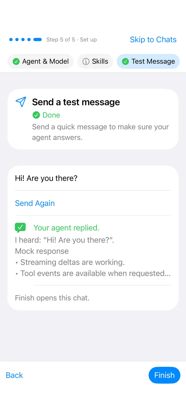 The Test Message step on iPhone, with Agent & Model, Skills and Test Message along the top and Your agent replied. under the message.