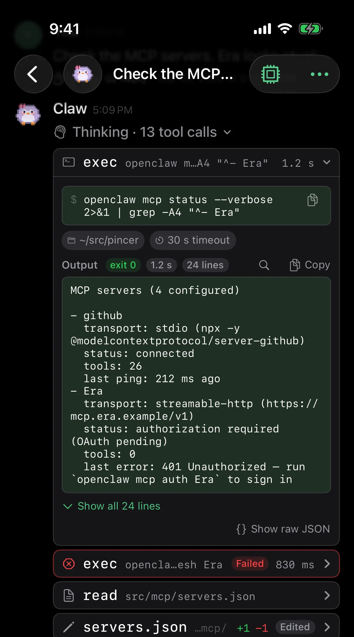 The expanded exec card in dark mode on iPhone.