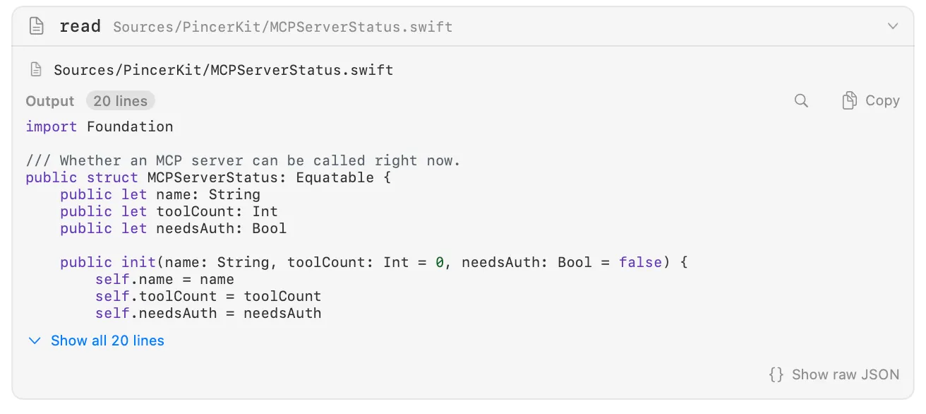 An expanded read card showing a Swift file with keywords, comments and numbers in different colours.
