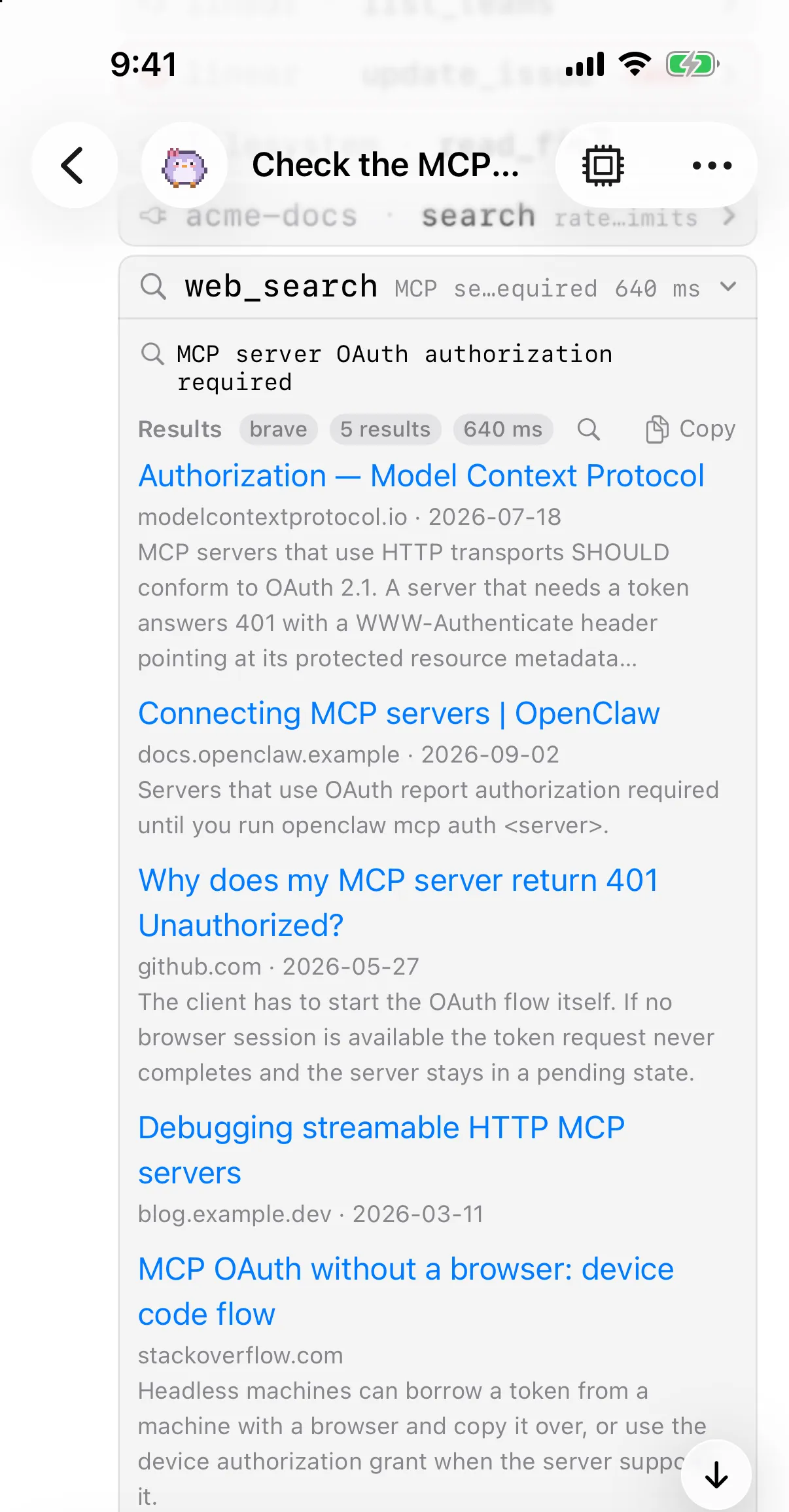 A web_search card on iPhone listing five results as links with site, date and snippet.