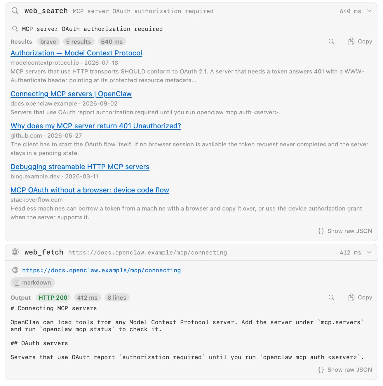 A web_search card listing five results as blue links with site, date and snippet, above an expanded web_fetch card.